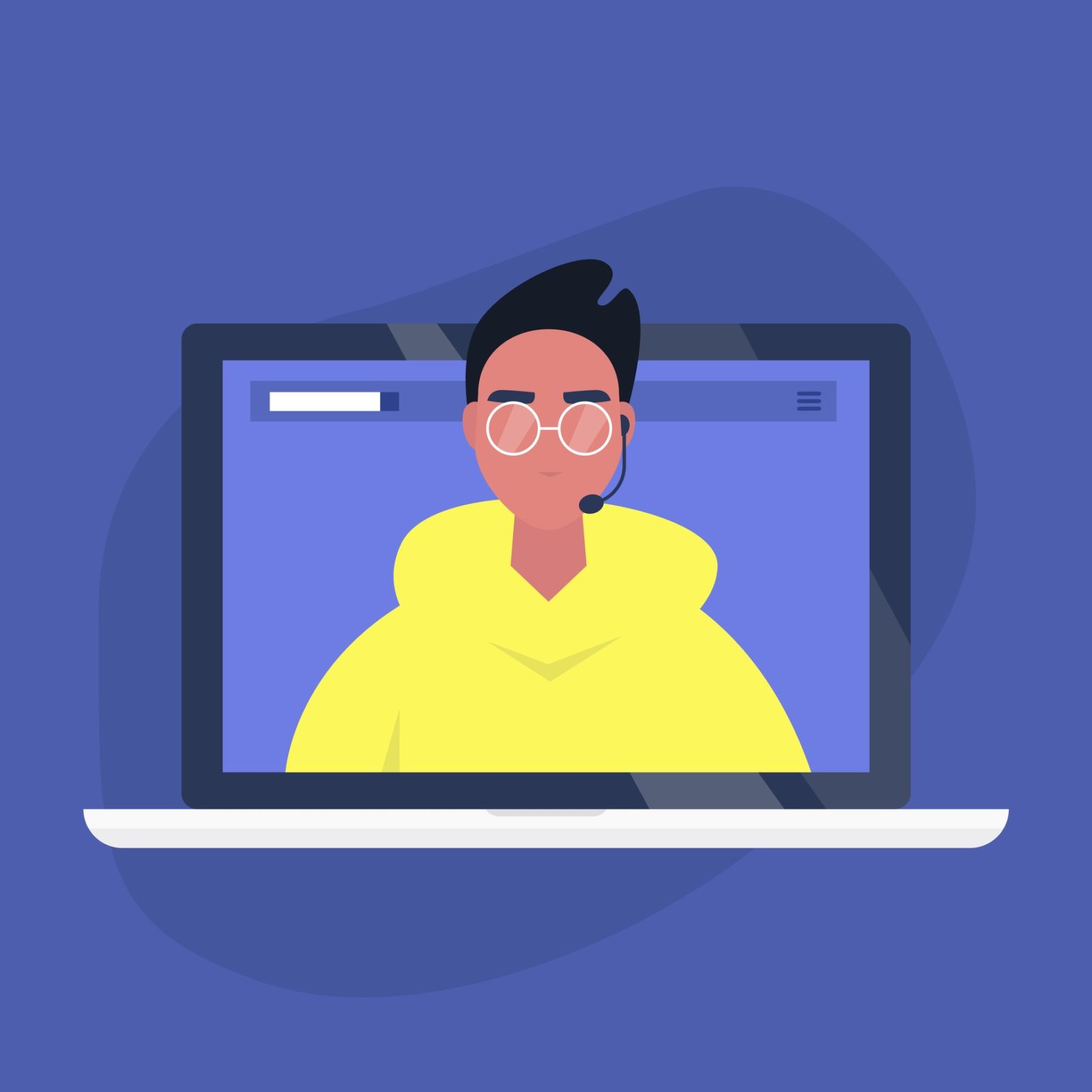 Online consultant, young male operator wearing a headset, Video call technology, Artificial intelligence chat bot