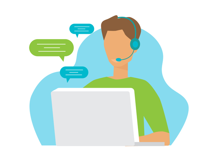 Customer service. Man operator call center with headphones and microphone with laptop. Support, assistance, call center, hot line, help, response, consultation